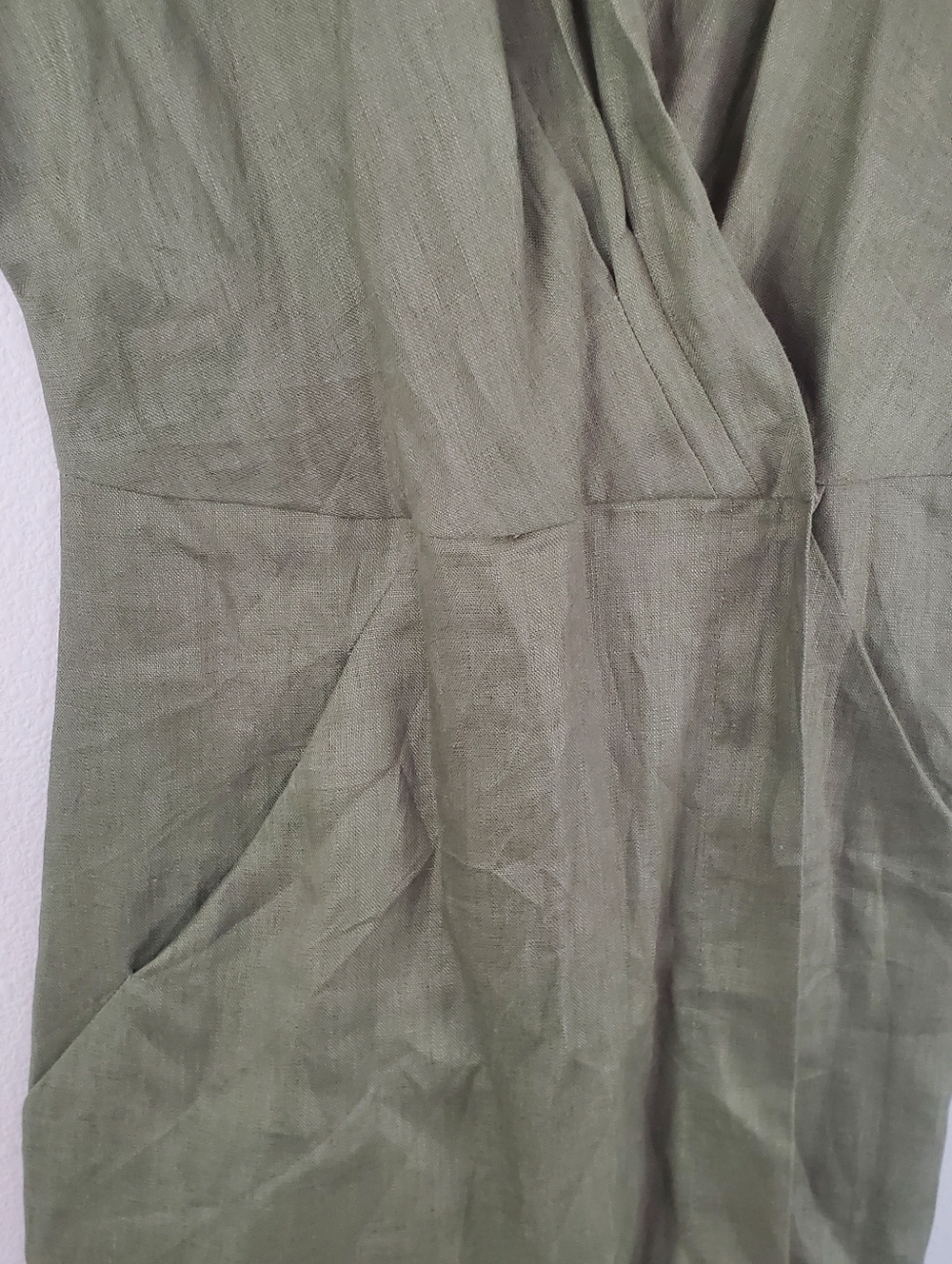 Linen Fairy Tales Linen Olive Green Wrap Linen Dress Womens Size Medium - Picture 5 of 9